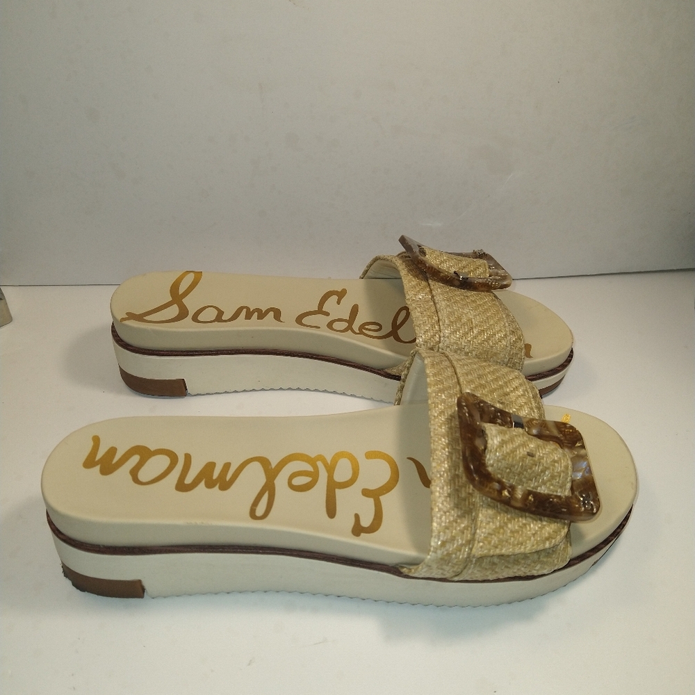 Sam Edelman Beige Straw Slide Sandals with Tortoiseshell Buckles